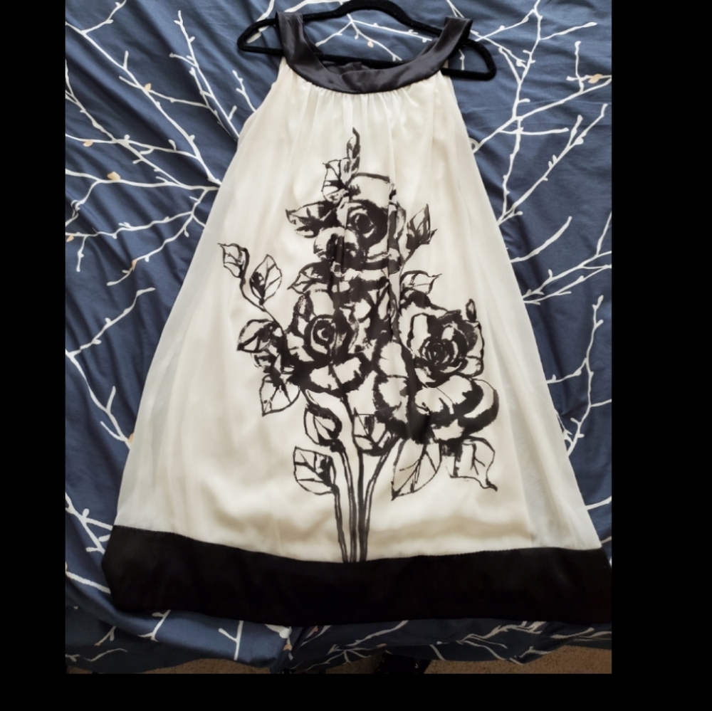 Black and white satin halter dress